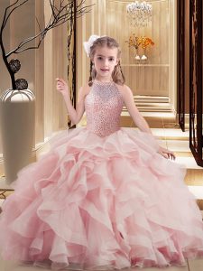 Floor Length Ball Gowns Sleeveless Pink Kids Formal Wear Lace Up