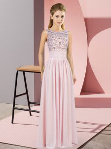 Sleeveless Floor Length Beading Backless Homecoming Dress with Pink