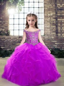 Perfect Tulle Off The Shoulder Sleeveless Lace Up Beading and Ruffles Pageant Gowns For Girls in Purple
