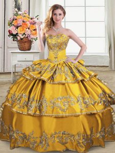 Suitable Sleeveless Satin and Organza Floor Length Lace Up Ball Gown Prom Dress in Gold with Embroidery and Ruffled Laye
