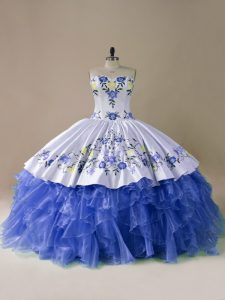 Shining Blue And White Lace Up Sweetheart Embroidery and Ruffles 15th Birthday Dress Satin and Organza Sleeveless Brush 