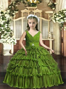 High End Floor Length Olive Green Little Girls Pageant Dress Wholesale V-neck Sleeveless Backless