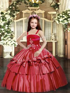 Sleeveless Taffeta Floor Length Lace Up Little Girls Pageant Dress in Red with Beading and Ruffled Layers