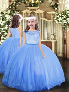 Blue Zipper Scoop Lace Little Girl Pageant Gowns Tulle Sleeveless