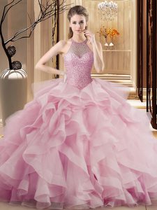 Pink Quince Ball Gowns Halter Top Sleeveless Sweep Train Lace Up