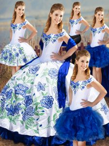 Customized Blue And White Sleeveless Embroidery and Ruffles Floor Length Quinceanera Gown