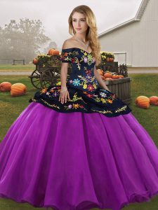 Flirting Black And Purple Off The Shoulder Neckline Embroidery Quinceanera Dresses Sleeveless Lace Up
