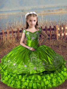 Off The Shoulder Sleeveless Pageant Dress for Girls Floor Length Embroidery and Ruffled Layers Satin and Organza