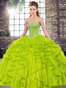 Glorious Floor Length Olive Green Quinceanera Gown Tulle Sleeveless Beading and Ruffles