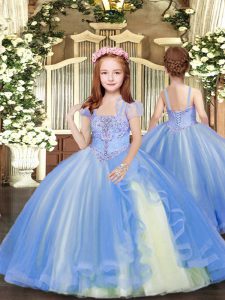 Sleeveless Floor Length Beading Lace Up Little Girl Pageant Dress with Blue