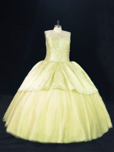 Fitting Sleeveless Tulle Lace Up Sweet 16 Quinceanera Dress in Yellow Green with Beading