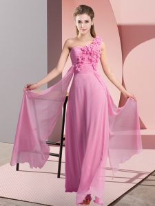 Fitting Rose Pink Empire Chiffon One Shoulder Sleeveless Hand Made Flower Floor Length Lace Up Quinceanera Court Dresses