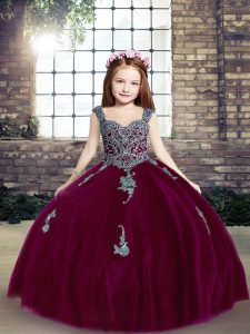 Floor Length Fuchsia Little Girl Pageant Dress Tulle Sleeveless Appliques