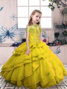 Excellent Olive Green Ball Gowns Organza High-neck Sleeveless Beading and Ruffled Layers Floor Length Side Zipper High S