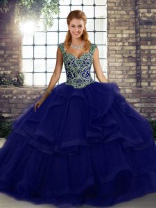 Ideal Purple Straps Lace Up Beading and Ruffles 15 Quinceanera Dress Sleeveless