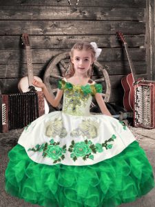 Floor Length Lace Up Little Girls Pageant Dress Wholesale Green for Wedding Party with Beading and Embroidery and Ruffle
