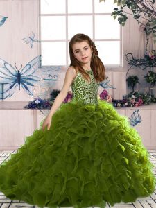 Olive Green Sleeveless Floor Length Beading and Ruffles Lace Up Pageant Dress Toddler
