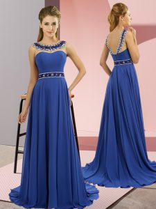 Royal Blue Empire Chiffon Scoop Sleeveless Beading Zipper Prom Dress Brush Train