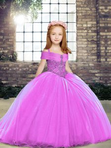 Most Popular Lilac Lace Up Straps Sleeveless Floor Length Child Pageant Dress Beading