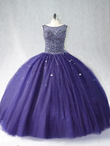 Vintage Purple Ball Gowns Beading Quinceanera Dresses Zipper Tulle Sleeveless Floor Length