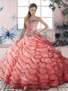 Watermelon Red Quinceanera Dress Sweetheart Sleeveless Brush Train Lace Up