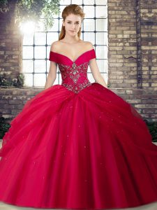 Beading and Pick Ups Vestidos de Quinceanera Red Lace Up Sleeveless Brush Train