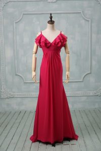 Vintage Hot Pink Straps Neckline Ruching Dress for Prom Sleeveless Zipper