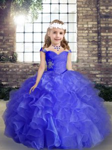 Beading and Ruffles and Ruching Little Girls Pageant Gowns Blue Lace Up Sleeveless Floor Length