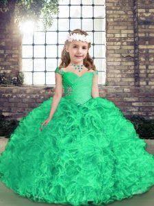 Green Side Zipper Straps Beading and Ruffles Little Girl Pageant Gowns Fabric With Rolling Flowers Sleeveless