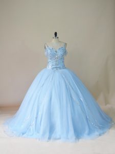 Fashionable Light Blue Ball Gowns Straps Sleeveless Tulle Brush Train Lace Up Beading Vestidos de Quinceanera