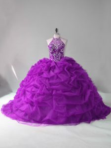 Elegant Halter Top Sleeveless Court Train Lace Up Sweet 16 Dresses Purple Organza