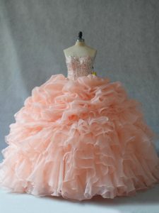 Peach Lace Up Strapless Beading and Ruffles 15 Quinceanera Dress Organza Sleeveless