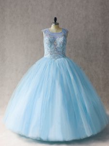 Suitable Light Blue Sleeveless Floor Length Beading Lace Up Sweet 16 Dresses