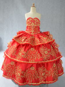 Red Lace Up Little Girl Pageant Dress Embroidery and Ruffled Layers Sleeveless Floor Length