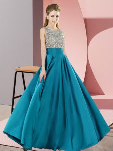 Teal Scoop Backless Beading Prom Gown Sleeveless