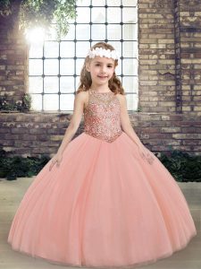Peach Sleeveless Beading Floor Length Kids Formal Wear