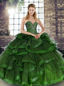 Dazzling Green Ball Gowns Beading and Ruffles Quinceanera Dress Lace Up Tulle Sleeveless Floor Length