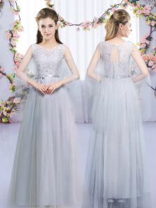 Modest Sleeveless Floor Length Lace and Belt Lace Up Quinceanera Court Dresses with Grey