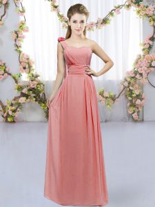 Watermelon Red Chiffon Lace Up Wedding Party Dress Sleeveless Floor Length Hand Made Flower