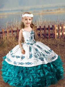 Floor Length Teal Girls Pageant Dresses Straps Sleeveless Lace Up