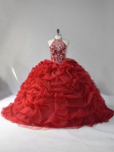 Romantic Sleeveless Court Train Beading and Pick Ups Lace Up Sweet 16 Dress