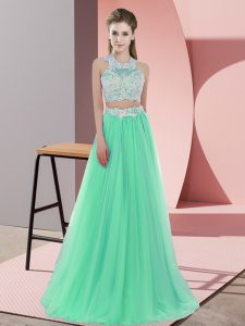Floor Length Zipper Quinceanera Court Dresses Apple Green for Wedding Party with Lace