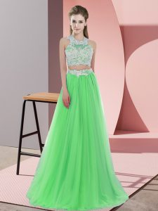 Attractive Tulle Halter Top Sleeveless Zipper Lace Dama Dress for Quinceanera in Green