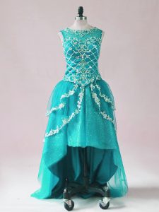 Teal Sleeveless Beading and Appliques High Low Homecoming Dress