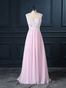 Floor Length Baby Pink Prom Party Dress Straps Cap Sleeves Backless