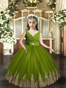 Ball Gowns Little Girl Pageant Dress Olive Green V-neck Tulle Sleeveless Floor Length Backless