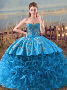 Dynamic Baby Blue Sleeveless Fabric With Rolling Flowers Brush Train Lace Up Vestidos de Quinceanera for Sweet 16 and Qu