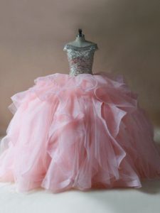 Pink Ball Gowns Off The Shoulder Sleeveless Tulle Brush Train Lace Up Beading and Ruffles Quince Ball Gowns