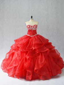 Red Quinceanera Gowns Sweet 16 and Quinceanera with Beading and Ruffles Sweetheart Sleeveless Lace Up