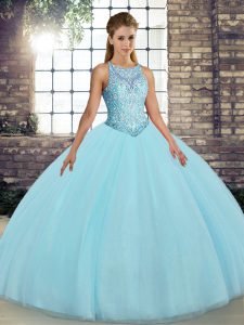 Eye-catching Sleeveless Floor Length Embroidery Lace Up Ball Gown Prom Dress with Aqua Blue